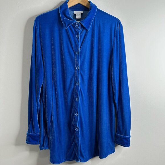 Soft Surroundings Velvet Button Down Shirt Womens XL Blue Velour Boho Stretch - Picture 1 of 7